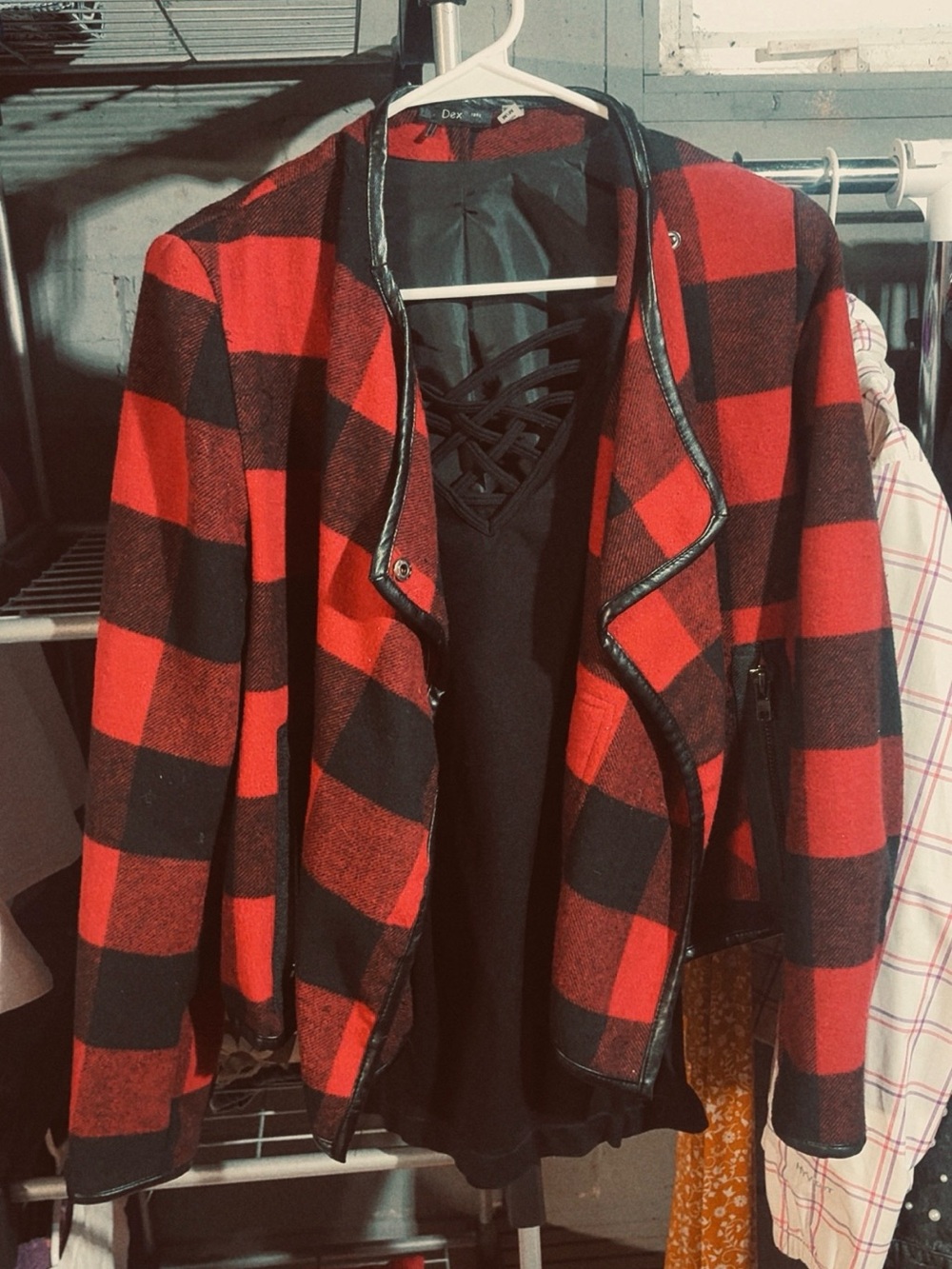 Red & Black Plaid Bomber Jacket with Faux Leather Trim